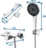 A diagram showing the dimensions of a chrome-finished bathtub faucet with a handheld showerhead. Produktbild-Vorschau