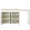 A white kitchen island with a wooden countertop and open storage compartments, shown against a white background. Anteprima dell’immagine prodotto