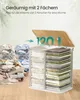 A laundry basket with two compartments filled with folded clothes, next to piles of unfolded laundry. Text indicates capacity and suitability for two people for a week. Produktbild-Vorschau
