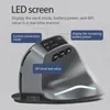 A close-up marketing image of a vertical gaming mouse, highlighting its LED screen and features with descriptive text overlays. Produktbild-Vorschau