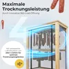 A drying cabinet with sausages hanging inside, with graphic elements and text highlighting its features. Produktbild-Vorschau