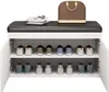 A white shoe cabinet with a black padded bench on top, and a brown handbag placed on the bench. Anteprima dell’immagine prodotto