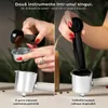 A split image showing two steps of using a coffee tamper and scoop tool. Voir les images du produit