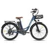 A blue electric bicycle with a basket and rack, shown against a white background. Podgląd zdjęcia produktu