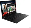 A black Lenovo ThinkPad laptop is shown from a diagonal angle on a white background. The laptop screen displays multiple windows, including a video call with a woman and a presentation slide with text. Produktbild-Vorschau