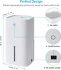 A white dehumidifier with dimensions and feature callouts. Produktbild-Vorschau