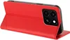 A red flip case for a smartphone is shown standing upright, displaying the camera module of the phone. Produktbild-Vorschau