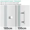 Two different shower door handles are shown side-by-side, with their respective heights indicated. Produktbild-Vorschau