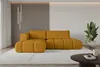 A modern living room with a mustard yellow sectional sofa.