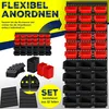 A marketing image showcasing stackable storage bins and a wall-mounted rack system. Produktbild-Vorschau