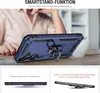A person's hands are visible in the background, holding a blue phone case with a ring stand. Produktbild-Vorschau