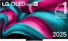 A television screen displaying a colorful abstract pattern with text overlays. Produktbild-Vorschau