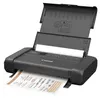 A black Canon PIXMA TR150 portable printer is shown with its lid open, printing a document. Podgląd zdjęcia produktu