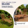A wooden lounge chair and footrest are shown in a garden setting, with text overlay promoting relaxation. Produktbild-Vorschau