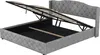 A grey upholstered bed frame with the mattress support mechanism open, revealing storage space underneath. Produktbild-Vorschau