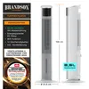 A product image showing a tower fan with its dimensions and features listed on the left side. Voir les images du produit