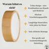 A round wooden lamp with a white diffuser is shown next to text highlighting its features. Produktbild-Vorschau