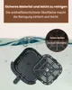 Close-up of an air fryer basket and liner, partially submerged in water. Text overlays describe material safety and ease of cleaning. Produktbild-Vorschau