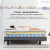 A cross-section of a mattress showing its internal layers, with a woman lying on top of it. Produktbild-Vorschau
