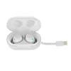 A pair of white wireless earbuds in their charging case, with a USB charging cable attached. Produktbild-Vorschau