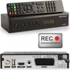A product shot of a satellite receiver and its remote control, with a separate graphic indicating recording functionality. Produktbild-Vorschau