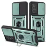 Three views of a green and black phone case with a sliding camera cover and a ring stand. Produktbild-Vorschau