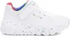 A white Skechers sneaker with rainbow speckles on the sole and rainbow accents on the heel lining. Produktbild-Vorschau
