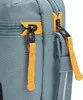 A close-up view of two zippers on a blue bag with orange zipper pulls. Voir les images du produit