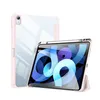 A pink and transparent iPad case with an Apple Pencil holder is shown, with one case in the background and another in the foreground displaying an iPad screen. Produktbild-Vorschau