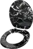 A toilet seat and lid with a black and white marble pattern, shown open and attached by chrome hinges. Produktbild-Vorschau
