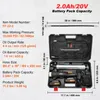 A black carrying case containing a cordless grease gun, batteries, charger, and accessories, with product specifications listed to the left. Náhled obrázku produktu