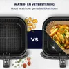 Comparison image showing an empty air fryer basket versus one lined with a paper liner and filled with food. Produktbild-Vorschau