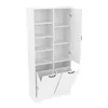 A white tall cabinet with open doors and shelves, and two pull-out laundry baskets at the bottom. Podgląd zdjęcia produktu