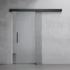 A modern frosted glass sliding door with a black handle mounted on a concrete wall. Produktbild-Vorschau