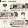 A collage showcasing dining chairs in different colors (green, gray, beige) with gold legs, presented in a modern interior setting. Voir les images du produit