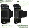 Two sport armbands for smartphones are shown, with callouts highlighting their features. Produktbild-Vorschau