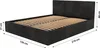 A black upholstered bed frame with a slatted mattress base, shown with dimensions indicated by measurement lines and text. Produktbild-Vorschau