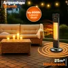 An outdoor patio scene at dusk, featuring a sofa, coffee table with candles, and an infrared heater. Podgląd zdjęcia produktu