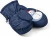A pair of navy blue children's mittens with a snowman graphic on one of them, displayed on a white background. Náhled obrázku produktu