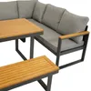A close-up view of an outdoor dining and lounge set, featuring a sectional sofa, a table, and a bench. Produktbild-Vorschau