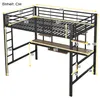 A loft bed with an integrated desk and shelves, shown with dimensions marked. Produktbild-Vorschau