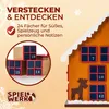 A close-up marketing image of a gingerbread house-shaped advent calendar with some of its drawers visible, along with a circular inset showing more drawers. Text overlays describe the product's features. Produktbild-Vorschau
