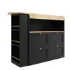A black kitchen island with a wooden countertop and shelves. Voir les images du produit
