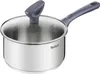 A stainless steel saucepan with a glass lid and a gray handle, shown against a white background. Produktbild-Vorschau