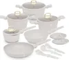 A collection of white cookware with gold accents, including pots, pans, and utensils, arranged on a white background. Produktbild-Vorschau