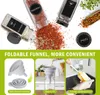 A collage of images showing spice jars, a foldable funnel, and a cleaning brush, with text highlighting features. Produktbild-Vorschau