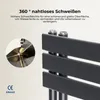 Close-up of a dark gray radiator with text overlay describing its features and a small inset image showing a welding process. Náhled obrázku produktu