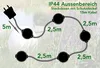 Diagram showing the layout and distances of outdoor sockets connected by a cable. Produktbild-Vorschau