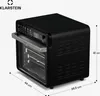 A black Klarstein AirGlaze Digital Heißluftfritteuse is shown from a three-quarter angle against a white background. Dimensions are indicated with lines and text. Produktbild-Vorschau