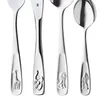 A close-up, studio shot of four pieces of children's cutlery, each with a different animal engraving on the handle. Náhľad obrázku produktu